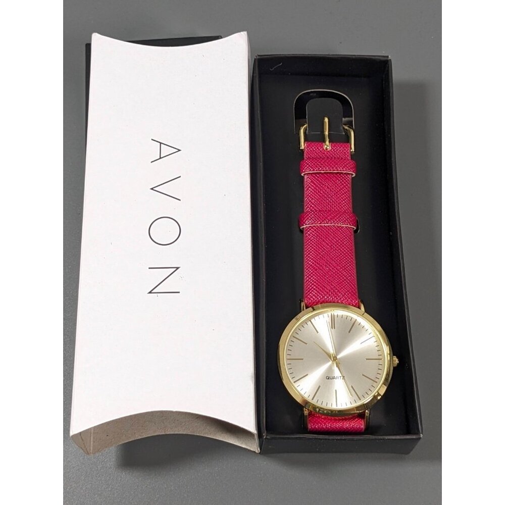 Avon Aurora Strap Watch Pink Faux Leather Textured Gold Tone Classic